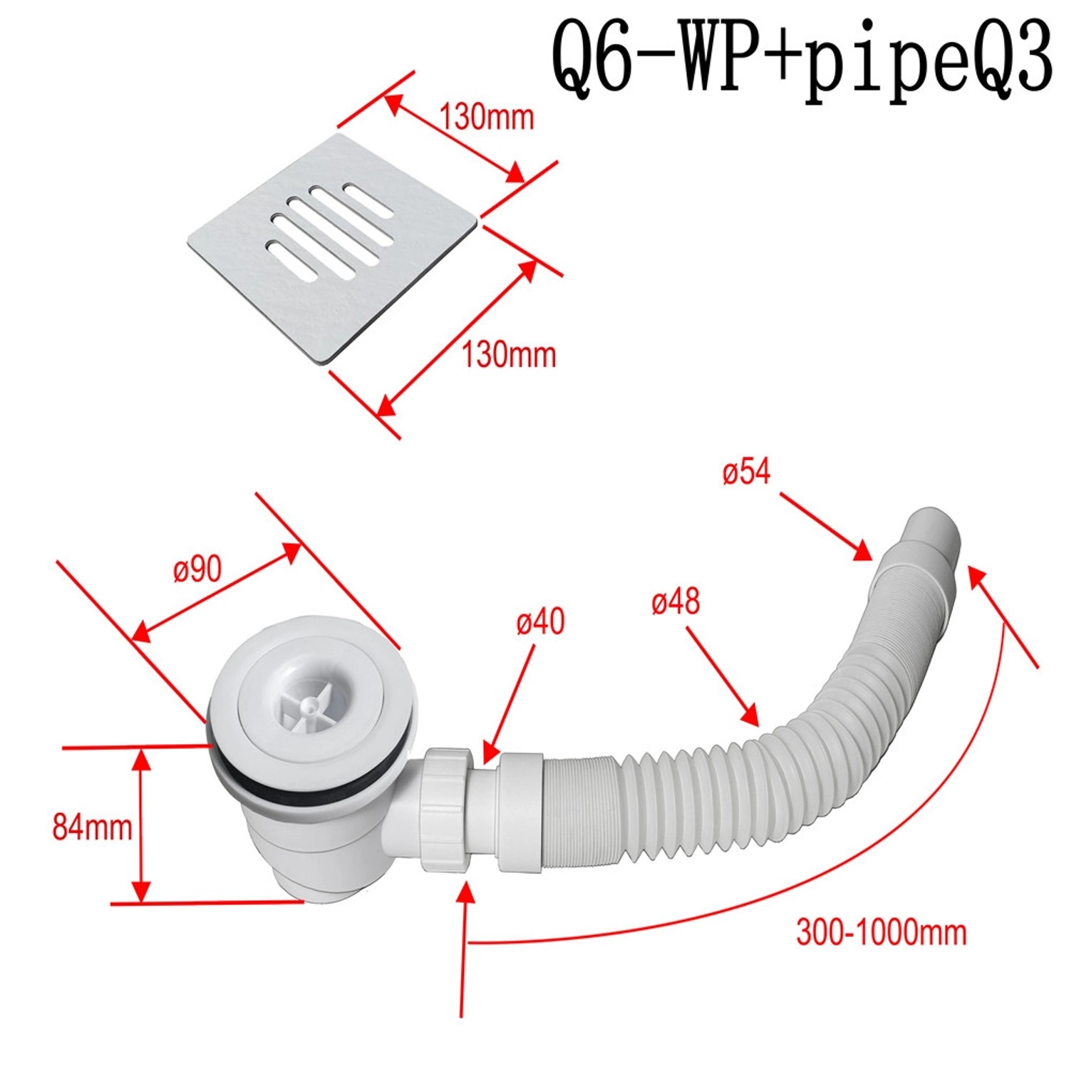 Ablaufgarnitur aus Kunststoff für AICA Duschwanne, Detailaufnahme mit Maßen.