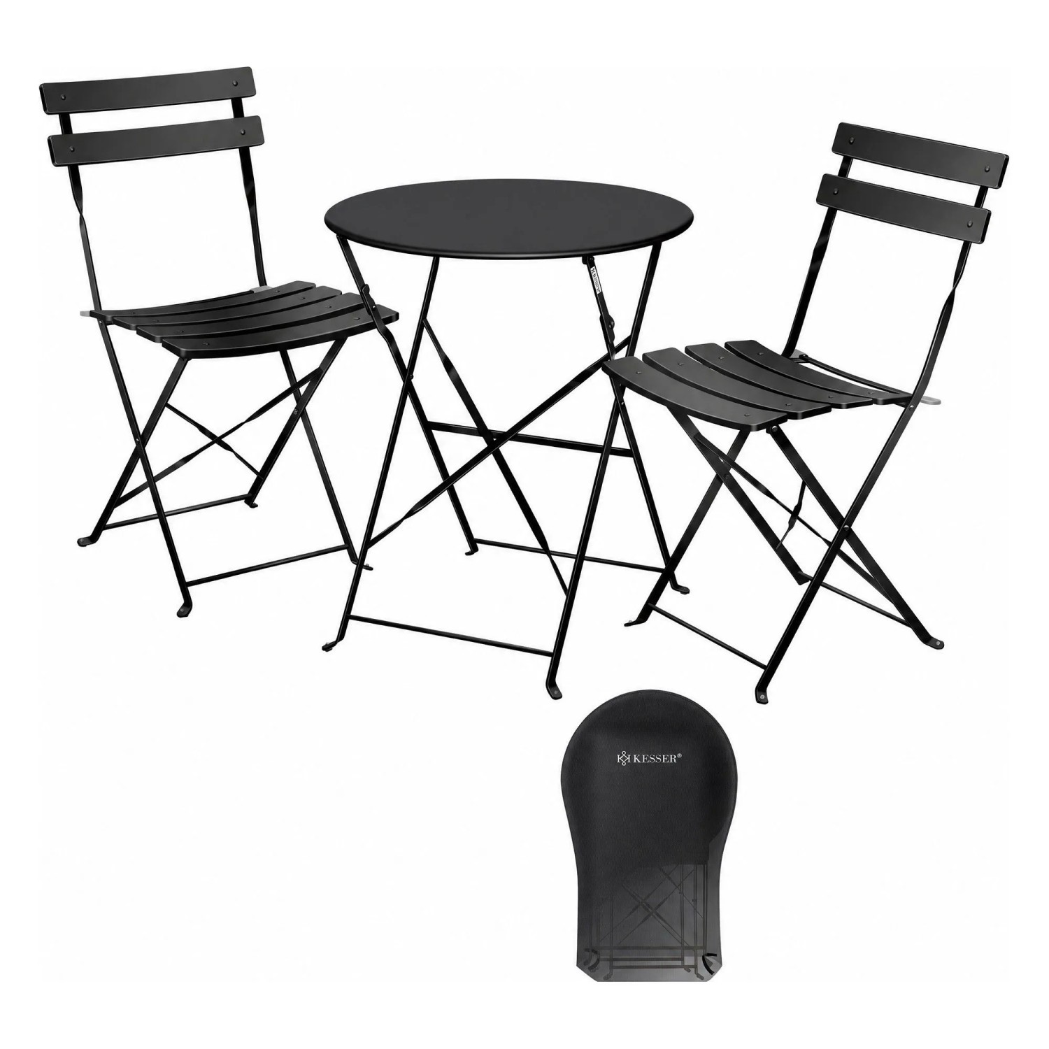 KESSER Bistroset Metall Tisch und 2 Klappstühle Schwarz 3-teilig