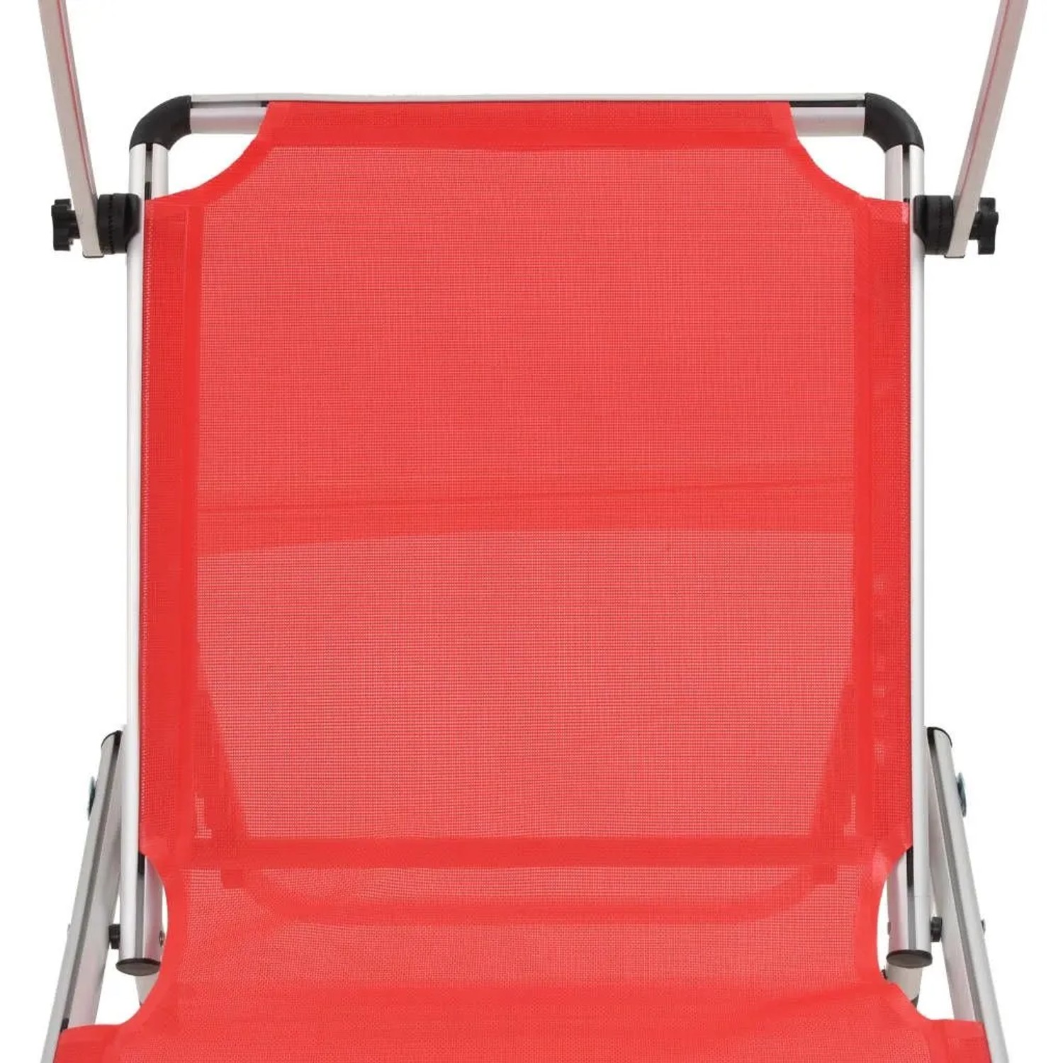 Detailansicht: Rote Furnicato Sonnenliege mit Dach, Aluminiumgestell.