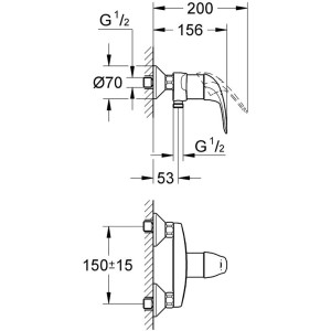 Technische Zeichnung der Grohe QuickFix Duscharmatur Start Eco in Chrom mit Maßangaben.
