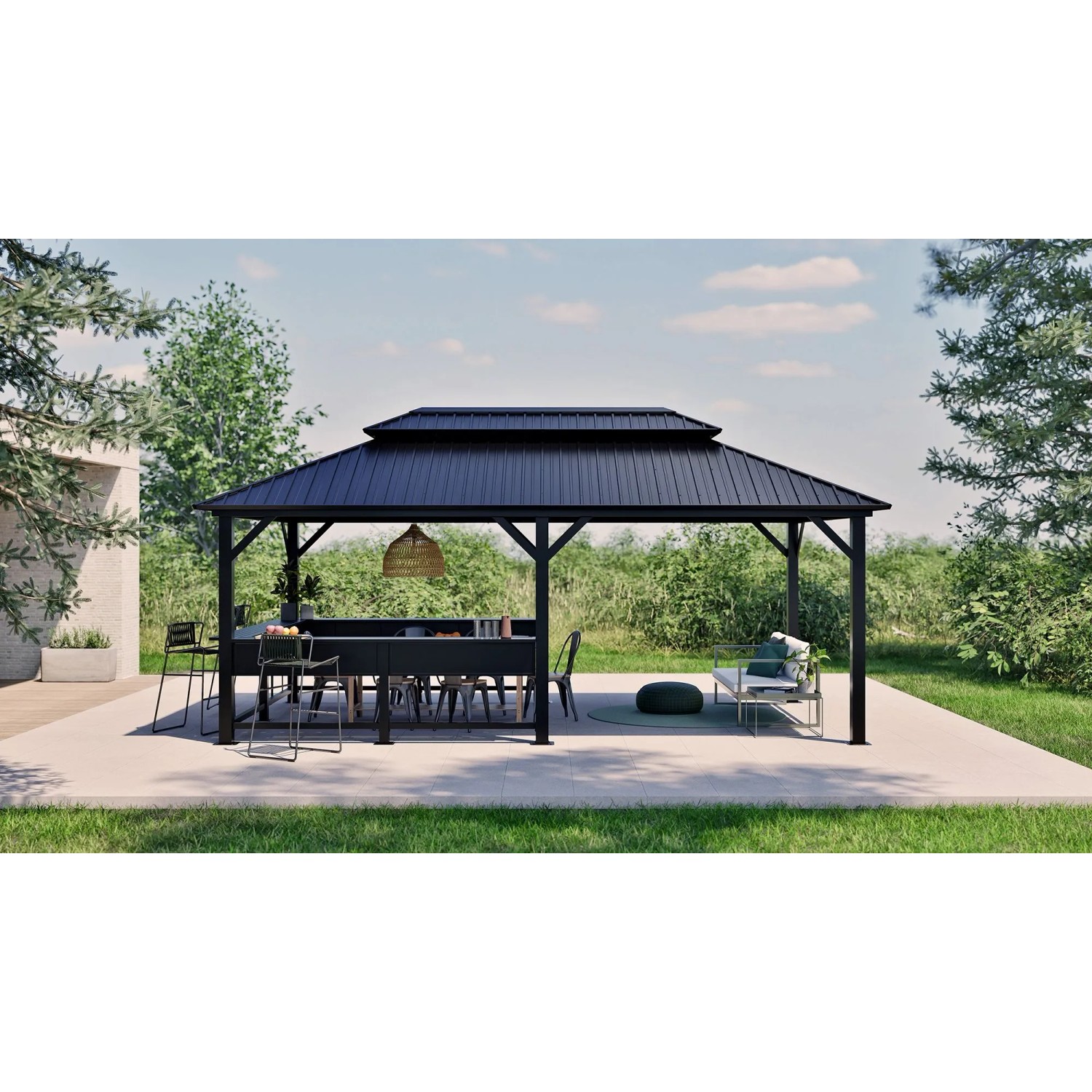 Sojag Pavillon Bondi Schwarz mit massivem Aluminiumgestell, Doppeldach aus Stahl und Ablagefläche auf Terrasse.