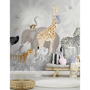 Art for the Home Fototapete Kids Jungle, 280x300 cm, mit Dschungeltieren wie Giraffe, Elefant und Zebra.