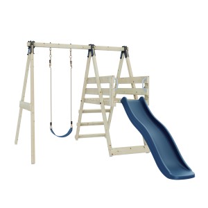 REBO Schaukel Orchidee Marineblau mit Rutsche und Leiter aus unbehandeltem Holz.