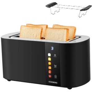 Steinborg 4 Scheiben Toaster Schwarz mit Touchbedienung und Brötchenaufsatz.