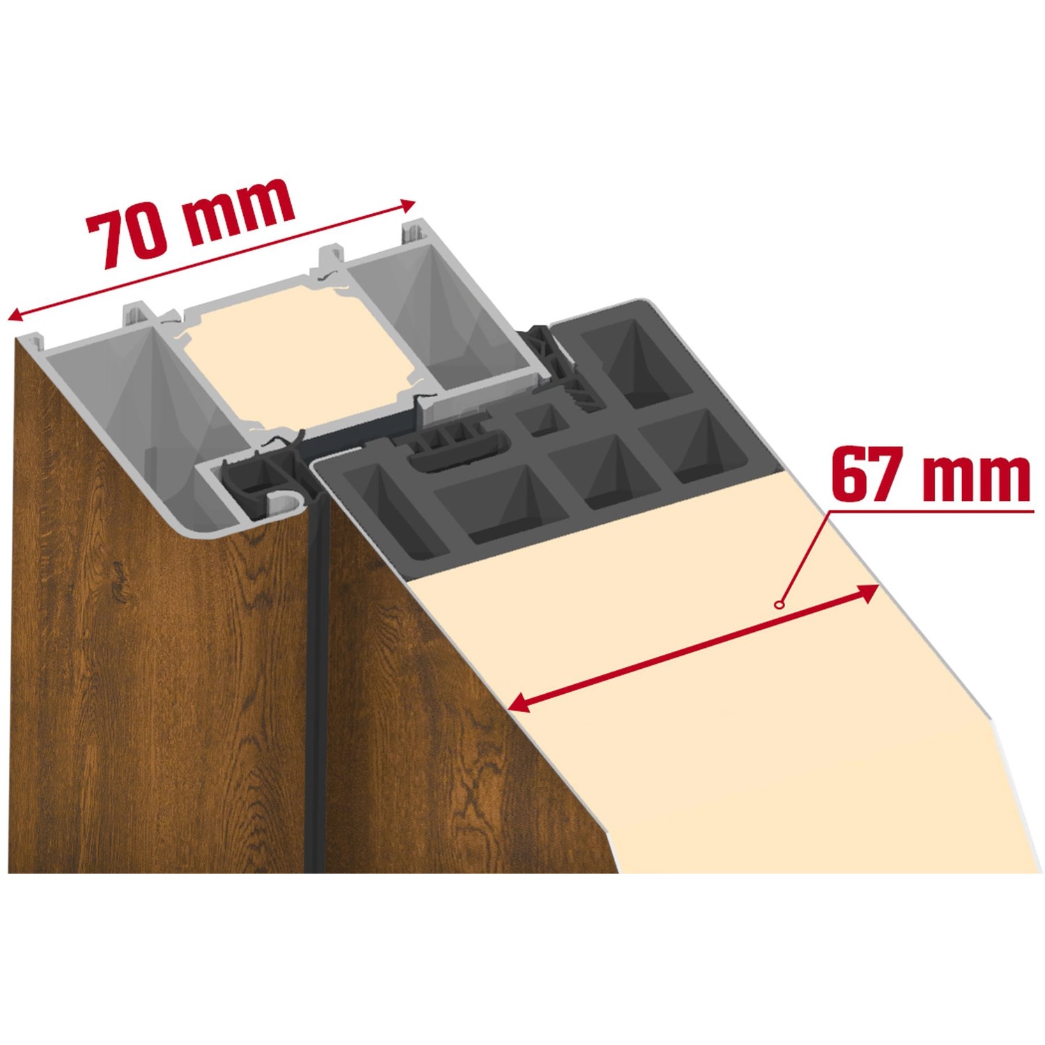 Schnitt der Splendoor Thermospace Haustür Berlin Prime: 70 mm Zarge, 67 mm Türblatt. Nussbaum-Optik.