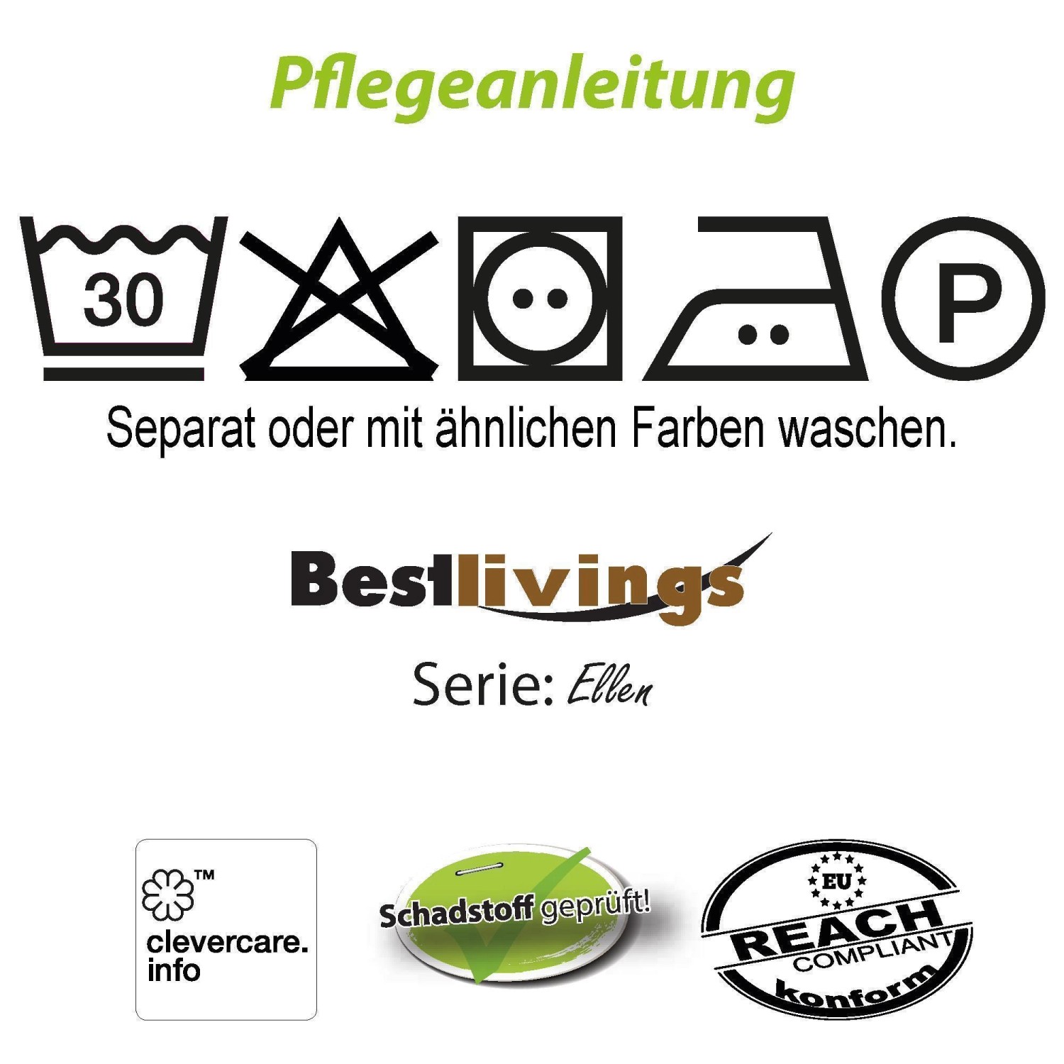 Pflegehinweise für Bestlivings Kissenhülle Ellen: Waschen, nicht bleichen, trocknen, chem. reinigen, separat waschen.