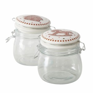 Mehrfarbige Boltze Vorratsgläser Ginger, 2-fach sortiert, mit weihnachtlichen Motiven auf den Deckeln.