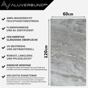 Hochglanz PVC Wandpaneel in Marmor-Optik Grau, 60x120cm, ideal als Dusch- oder Küchenrückwand.