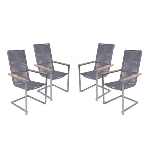4er Set Garden Pleasure Freischwinger Pavia, silber-schwarz, mit Teakholz-Armlehnen.