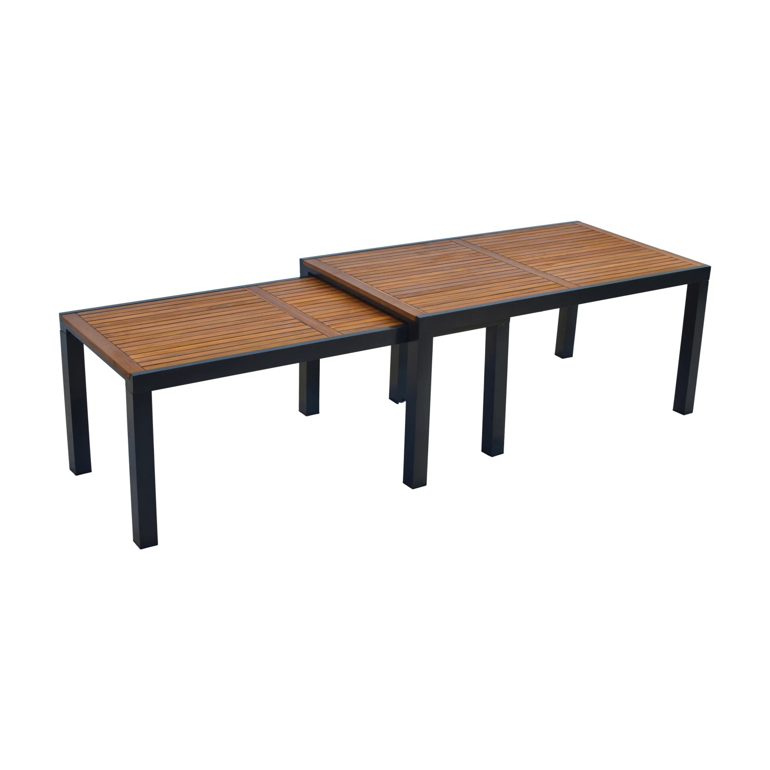 Merxx Athos Ausziehtisch für Gartenmöbel-Set, Akazienholz und Aluminium, ausgezogen.