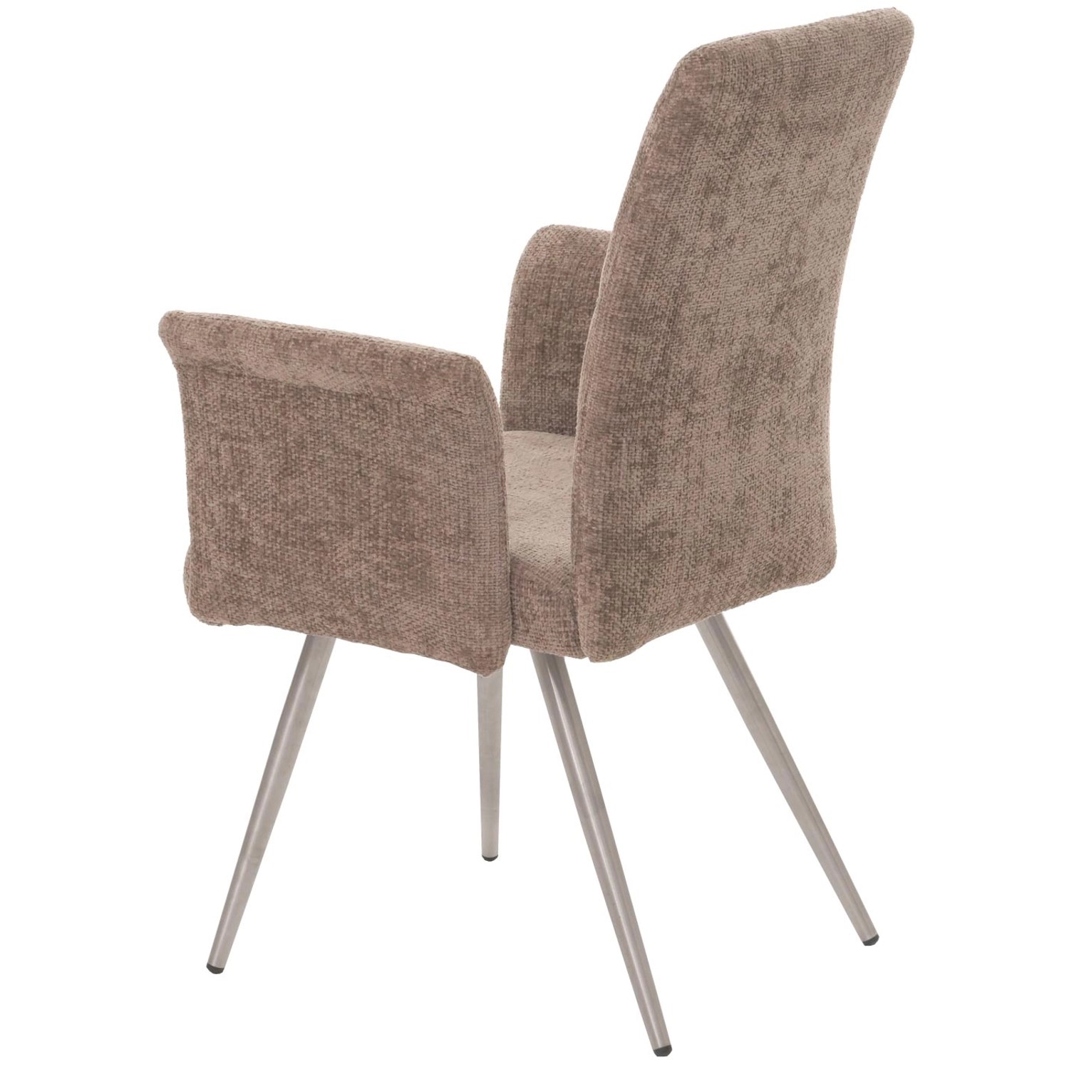 6er-Set: Brauner Esszimmerstuhl mit Armlehne, Chenille-Bezug und Edelstahlgestell.