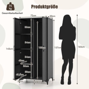 Schwarzer Costway Gartenschrank aus Rattan mit Kleiderstange, Maße eingezeichnet.
