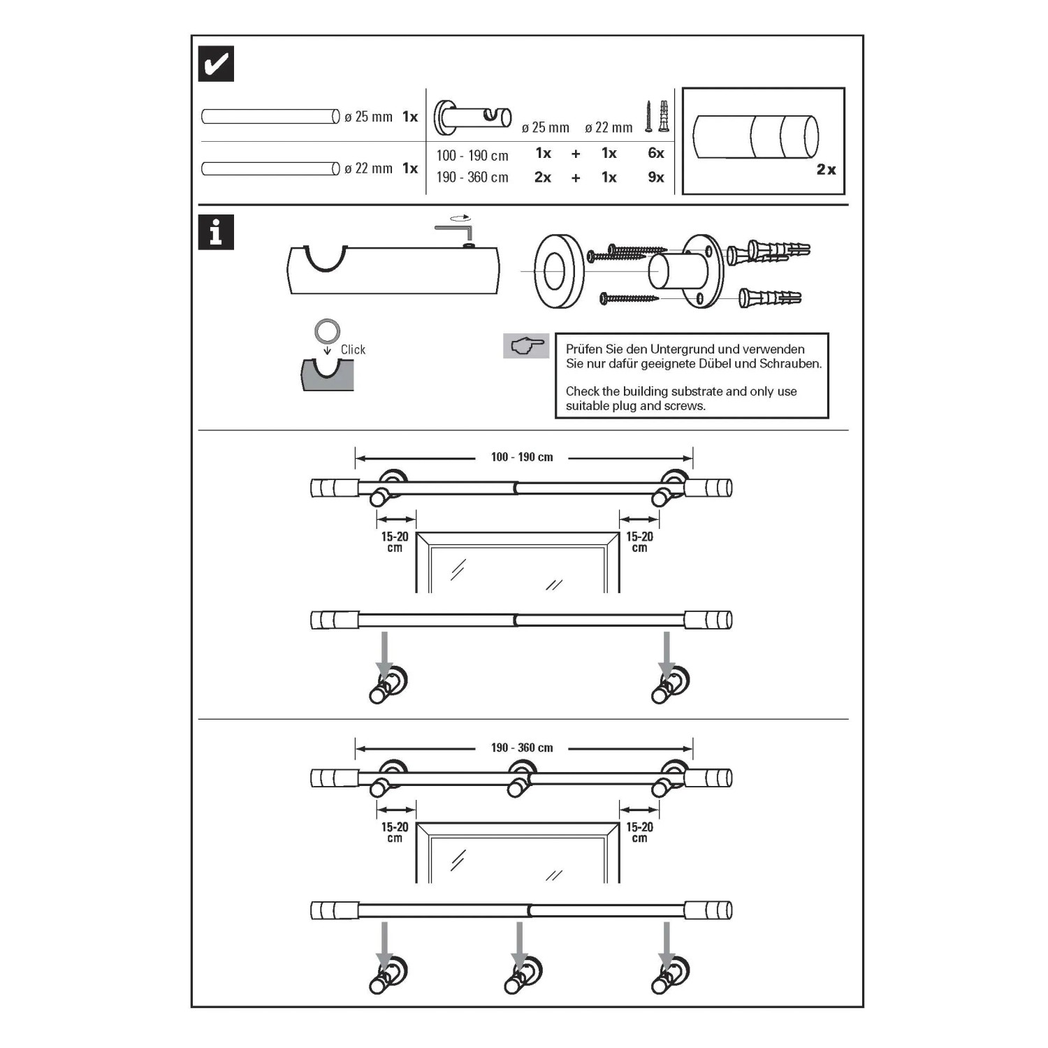 Montageanleitung für Gardinia Gardinenstangen-Set Zylinder, ausziehbar, 100-190 cm, Schwarz.