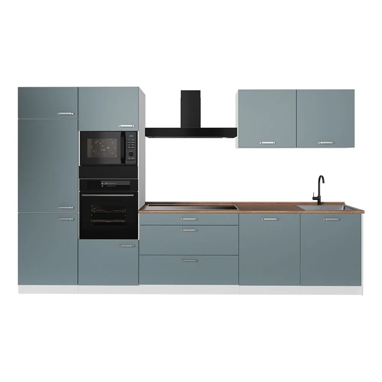 Vicco Küchenzeile R-Line Blau-Grau/Weiß 340 x 207 Arbeitsplatte Goldkraft Eiche Art Nr 67362