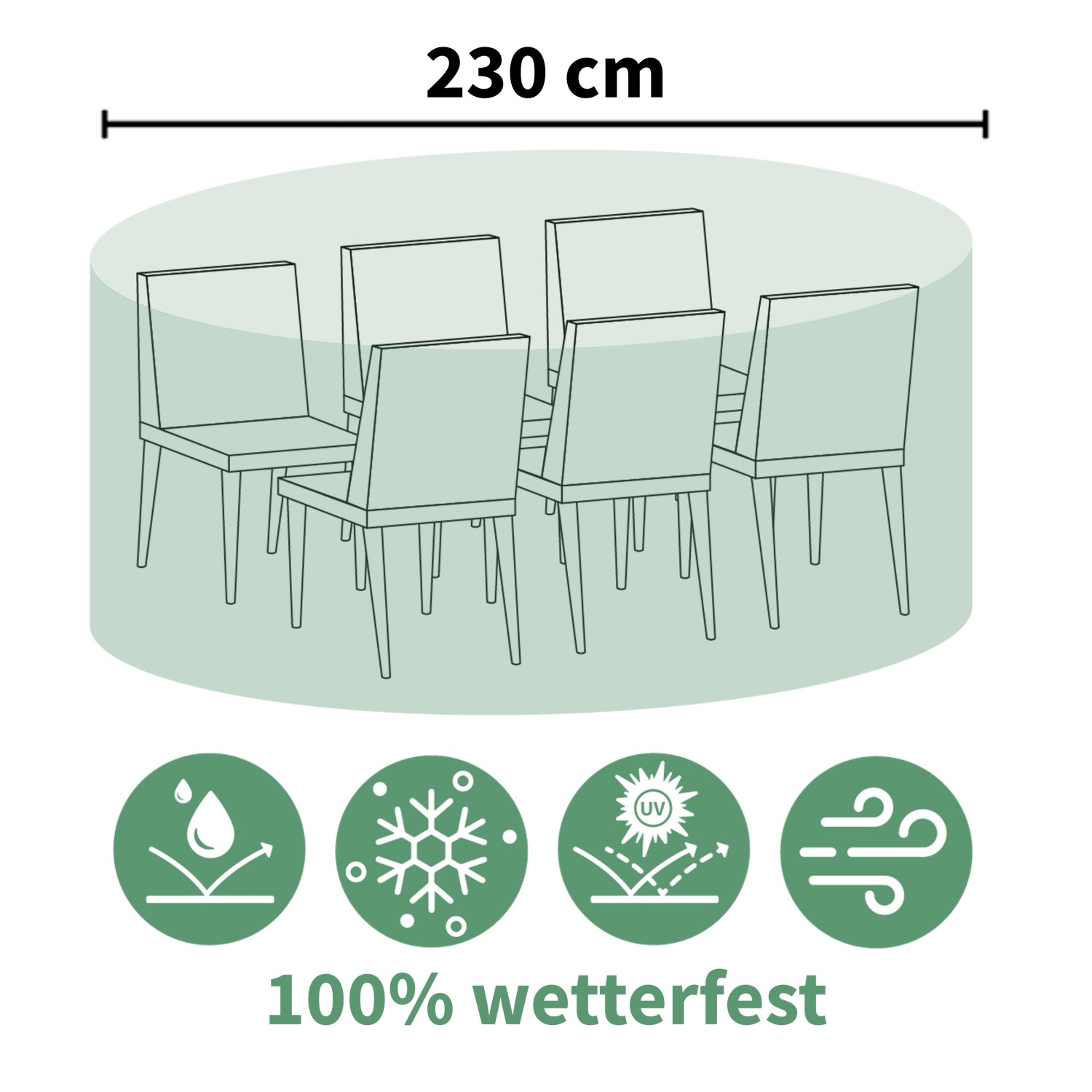 Abdeckhülle für ovale Sitzgruppe, ca. 230x135x70cm, schützt vor Witterung, UV-Strahlung und Schmutz.