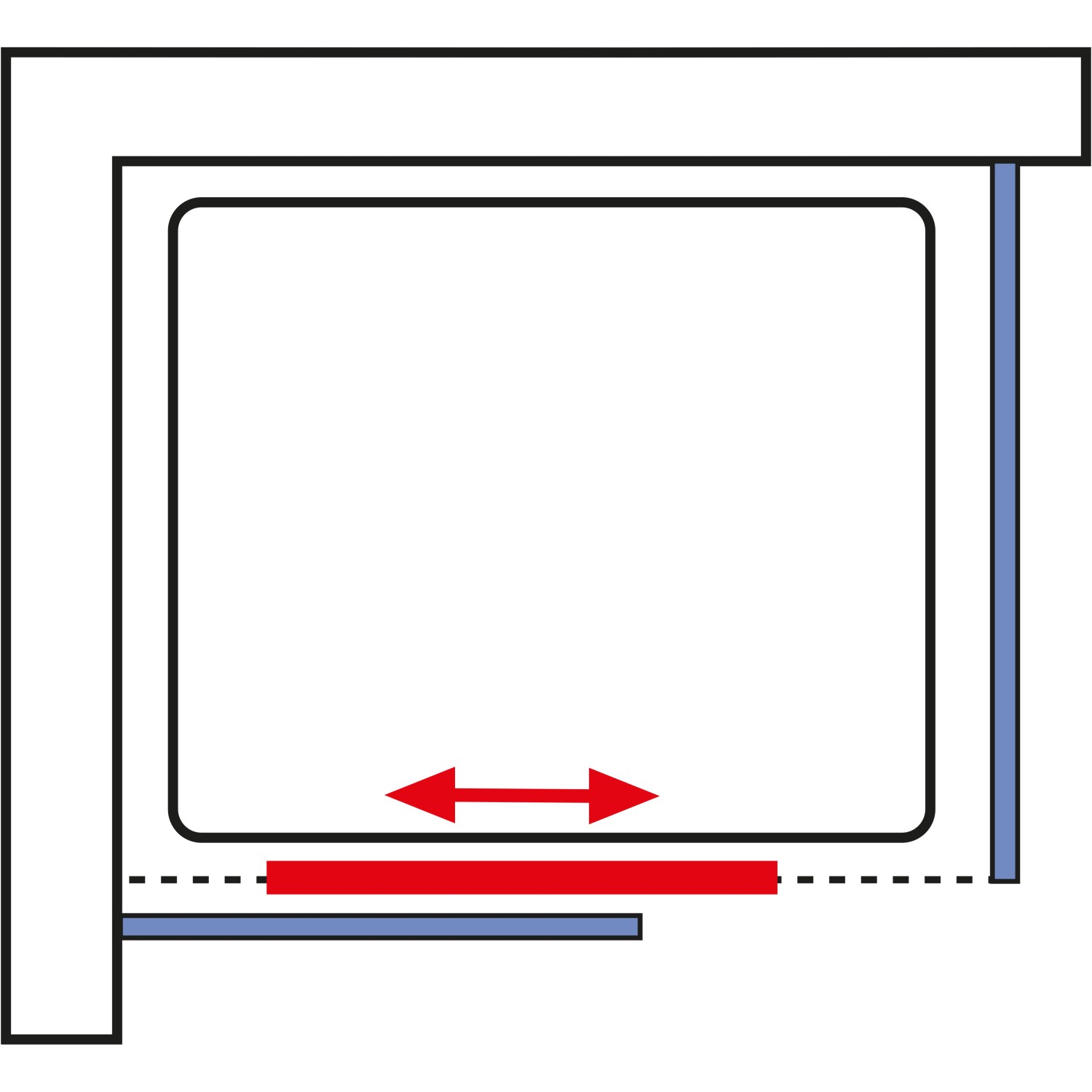 Skizze der Schulte Gleittür Alexa Style 2.0 Eckdusche mit Maßangaben zur Verstellbarkeit.