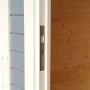 Detailaufnahme: Türgriff des grauen Bertilo Gartenhauses Pentus 1 aus Holz.