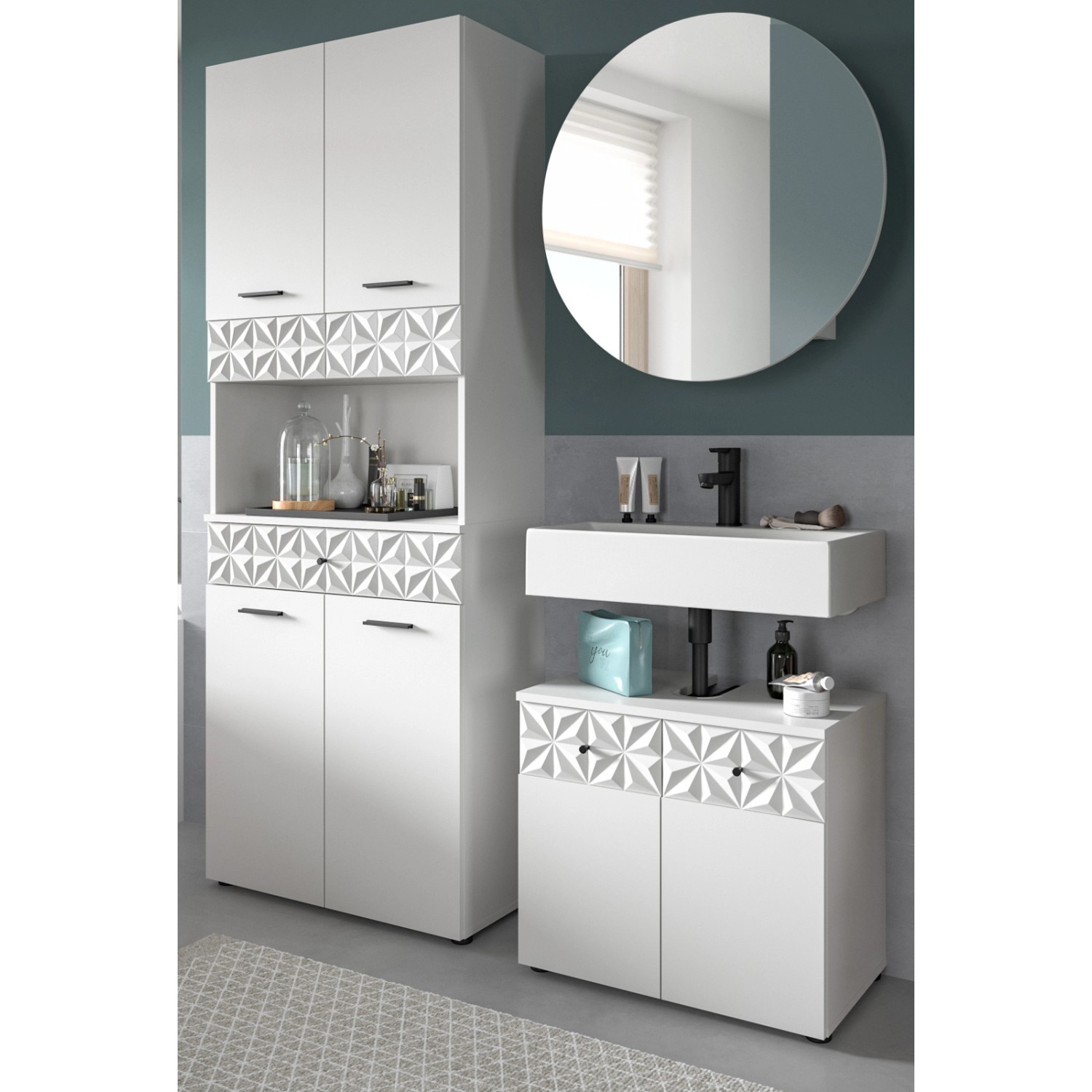 Inn.Furn Badmöbel Set 3-teilig in Weiß Hochglanz 155 cm Relief günstig online kaufen