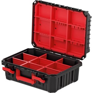 Offener, schwarzer Kistenberg Maschinenkoffer (44,5 cm) mit roten Fächern. Aufbewahrungssystem.