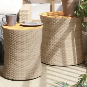 Beige vidaXL Garten-Beistelltische, 2er Set, Poly Rattan mit Holzplatte für Terrasse & Garten.