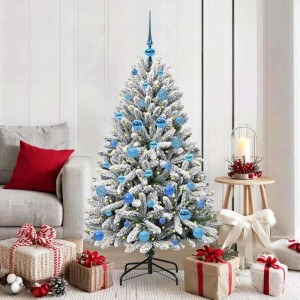 Geschmückter, künstlicher, grün-weißer Weihnachtsbaum (150 cm) mit blauen Kugeln und LED-Lichtern.