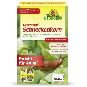 Verpackung Neudorff Ferramol Schneckenkorn 200g mit Schnecke auf Salatblatt.
