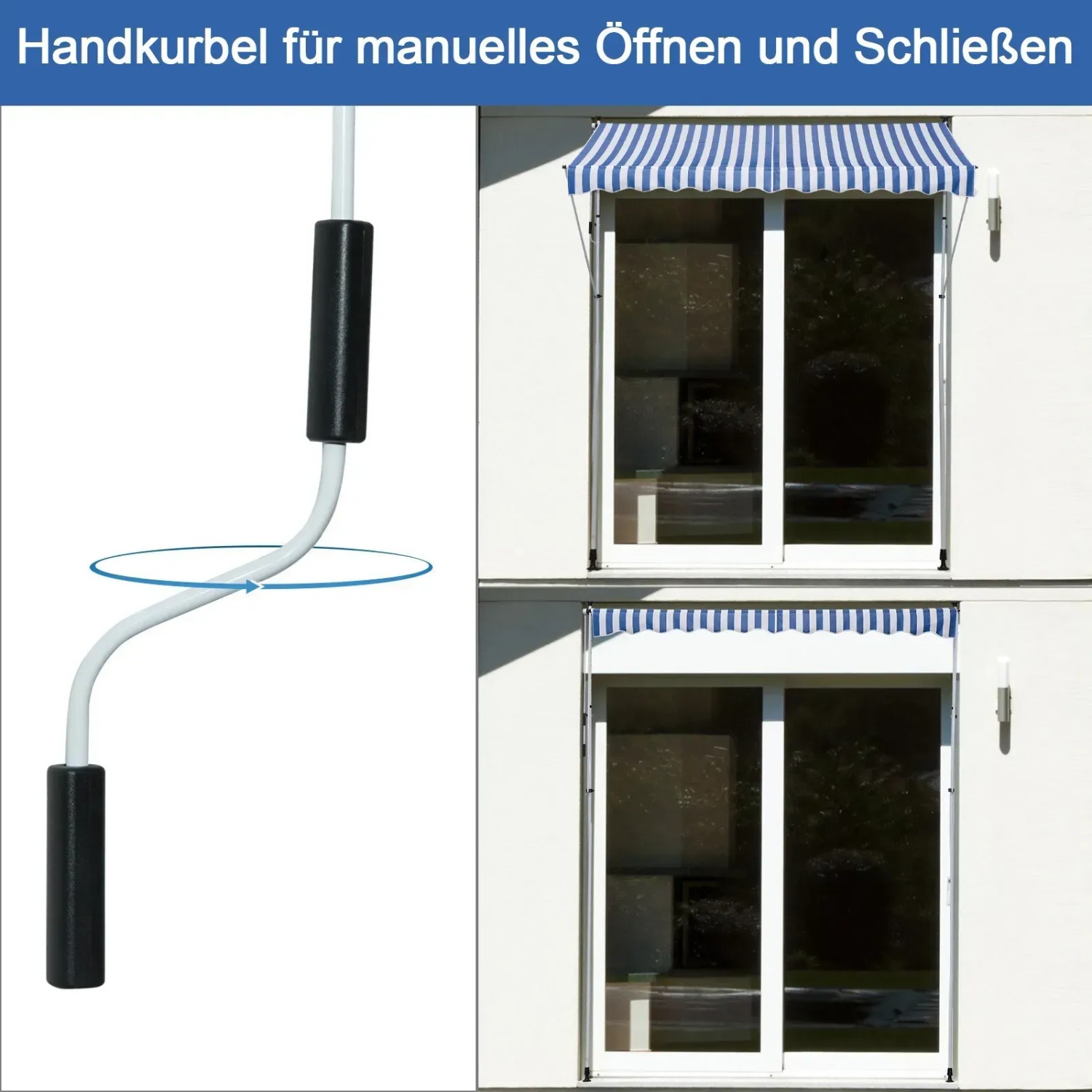 Outsunny Klemmmarkise blau-weiß mit Handkurbel zur Bedienung, montiert an zwei Fenstern.