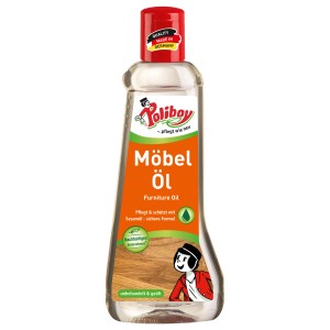 Poliboy Möbel Öl 200ml für die Pflege und den Schutz von Holzmöbeln. Flasche mit rotem Deckel.
