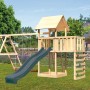 Karibu Spielturm Lotti mit Rutsche, Schaukel, Kletterwand und Plattform aus Holz im Garten.