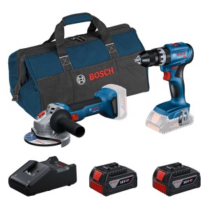 Bosch Professional 18V Werkzeug-Set, 2-teilig: Akku-Bohrschrauber, Winkelschleifer, Akkus, Ladegerät und Werkzeugtasche.