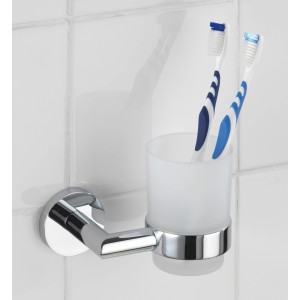 Wenko Zahnputzbecherhalter Revello mit Glasbecher und zwei Zahnbürsten, Chrom.