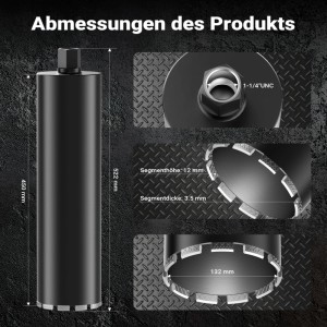 Wiltec Diamantbohrkrone Ø132mm, 450mm lang, mit 1¼ UNC Gewinde. Zeigt Maße und Diamantsegmente für Beton.