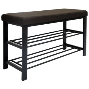 Offener, brauner DuneDesign Schuhschrank aus Metall mit Sitzfläche und zwei Ablageflächen.