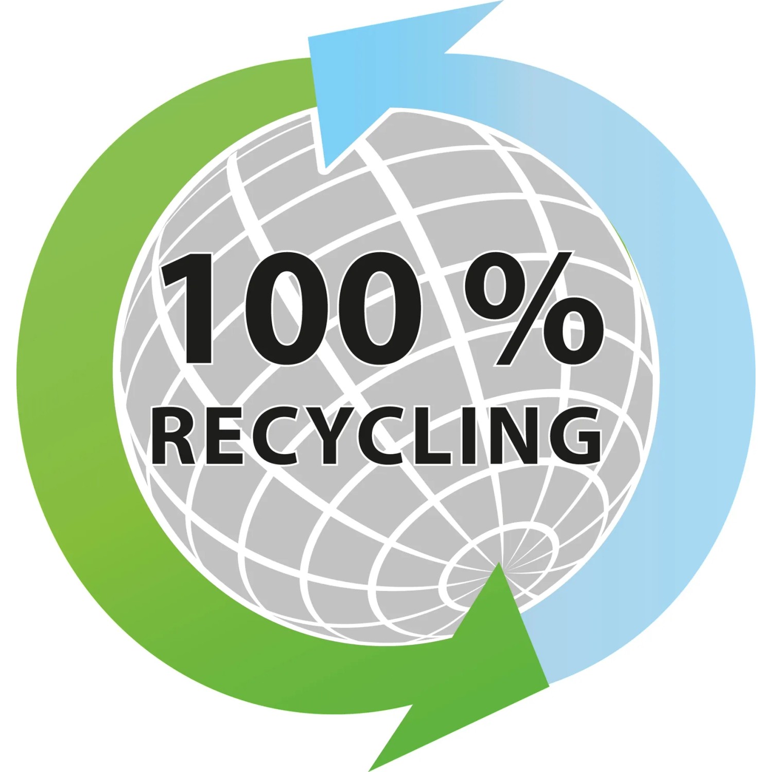 Symbol für 100% Recycling mit Weltkugel und Pfeilen.