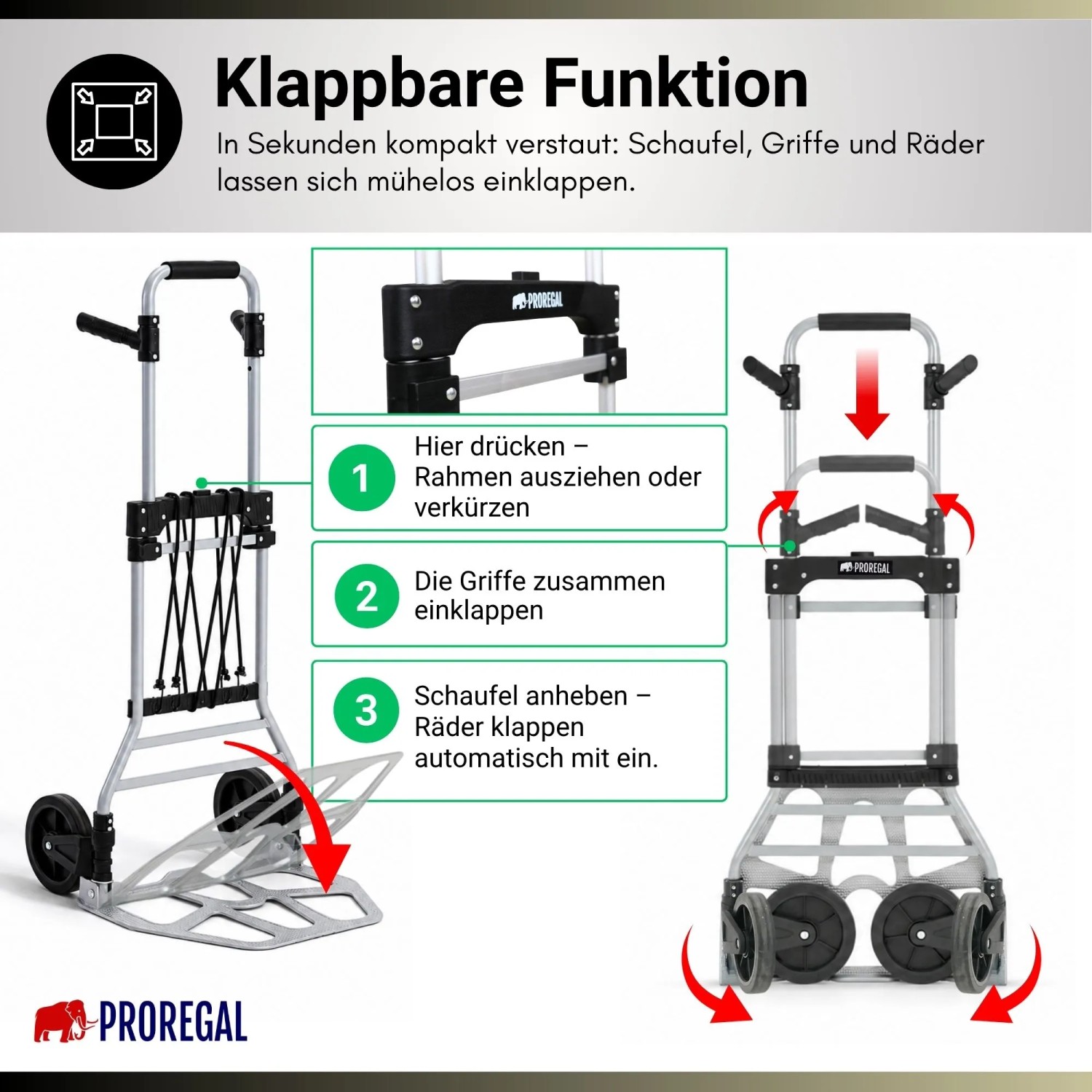 PROREGAL Klappbare Profi-Sackkarre ELEPHANT 112x49x52cm Traglast 150kg Aluminiumrahmen TRR Fachgummiräder Silber_5