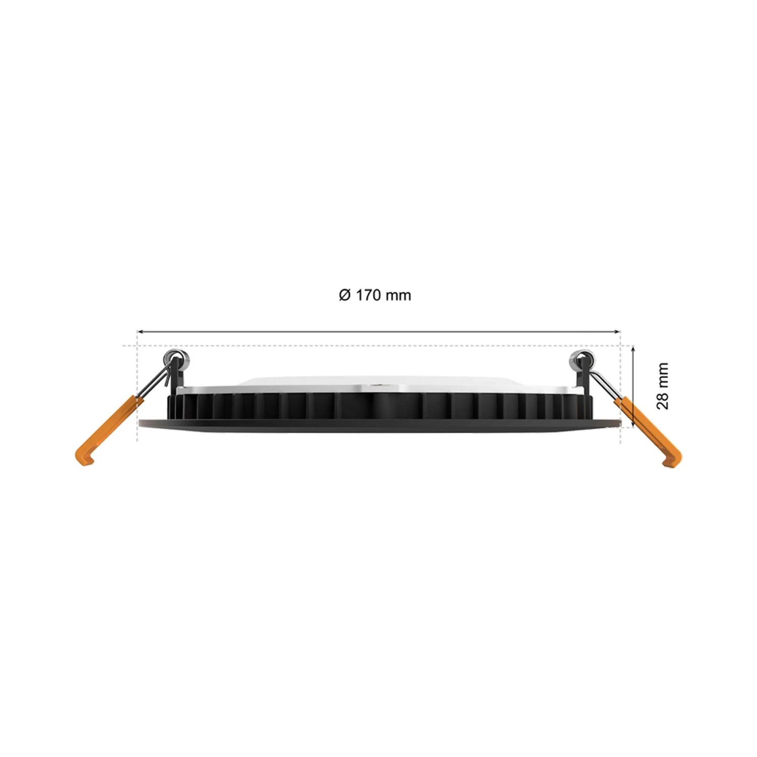 Detailaufnahme Philips Hue Einbauspot Slim, 17 cm, schwarz, mit Maßangaben zu Durchmesser und Höhe.