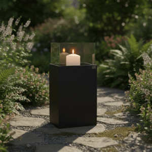 Schwarzes LAMORENDA Windlicht aus Fiberglas, 100 cm hoch, mit brennender Kerze auf Steinweg im Garten. Für Außenbereich.