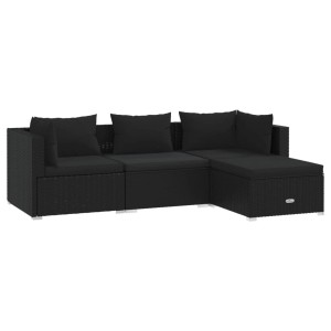 Schwarzes 4-tlg. vidaXL Garten-Lounge-Set aus Polyrattan mit Kissen.