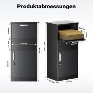 Schwarzer Xpotool Paketkasten aus Stahl mit Maßen. Ein Paket wird in die obere Einwurfklappe des Standbriefkastens gelegt.