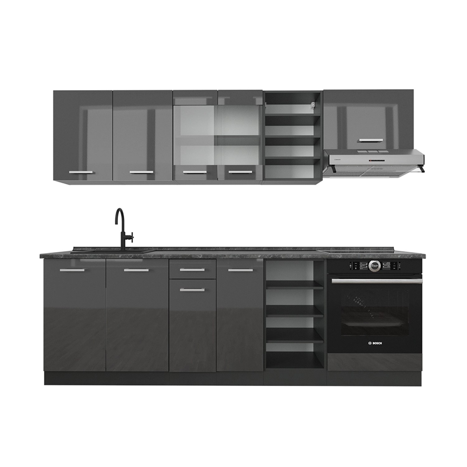 Vicco R-Line Küchenzeile Anthrazit Hochglanz/Anthrazit 240 cm AP Anthrazit günstig online kaufen