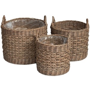 A.H.G. Pflanzkörbe aus Polyrattan, zylindrisch, mit Griffen, in Natur-Braun. Blumentöpfe im Set.