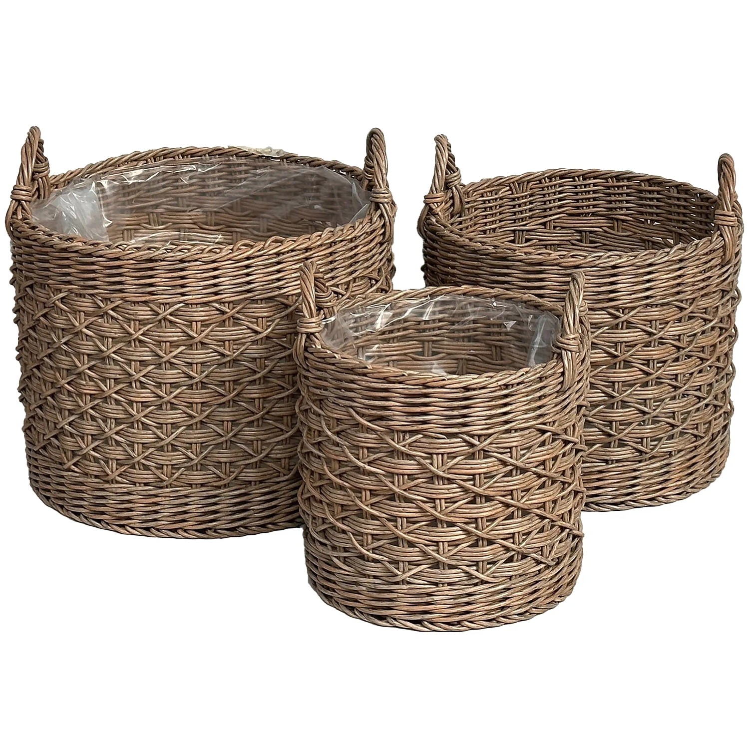 A.H.G. Pflanzkörbe aus Polyrattan, zylindrisch, mit Griffen, in Natur-Braun. Blumentöpfe im Set.