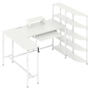 Costway Schreibtisch L-Form mit Ladestation & Bücherregal Weiß