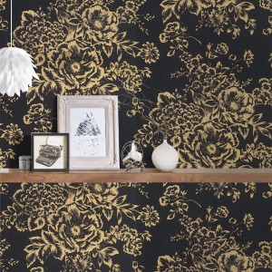 Bricoflor Textiltapete: Schwarze Vliestapete mit goldenem Blumenmuster im Barockstil.
