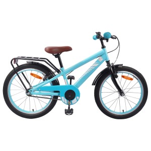 Himmelblaues 20-Zoll-Kinderfahrrad für 6- bis 11-Jährige mit Gepäckträger und braunem Sattel.