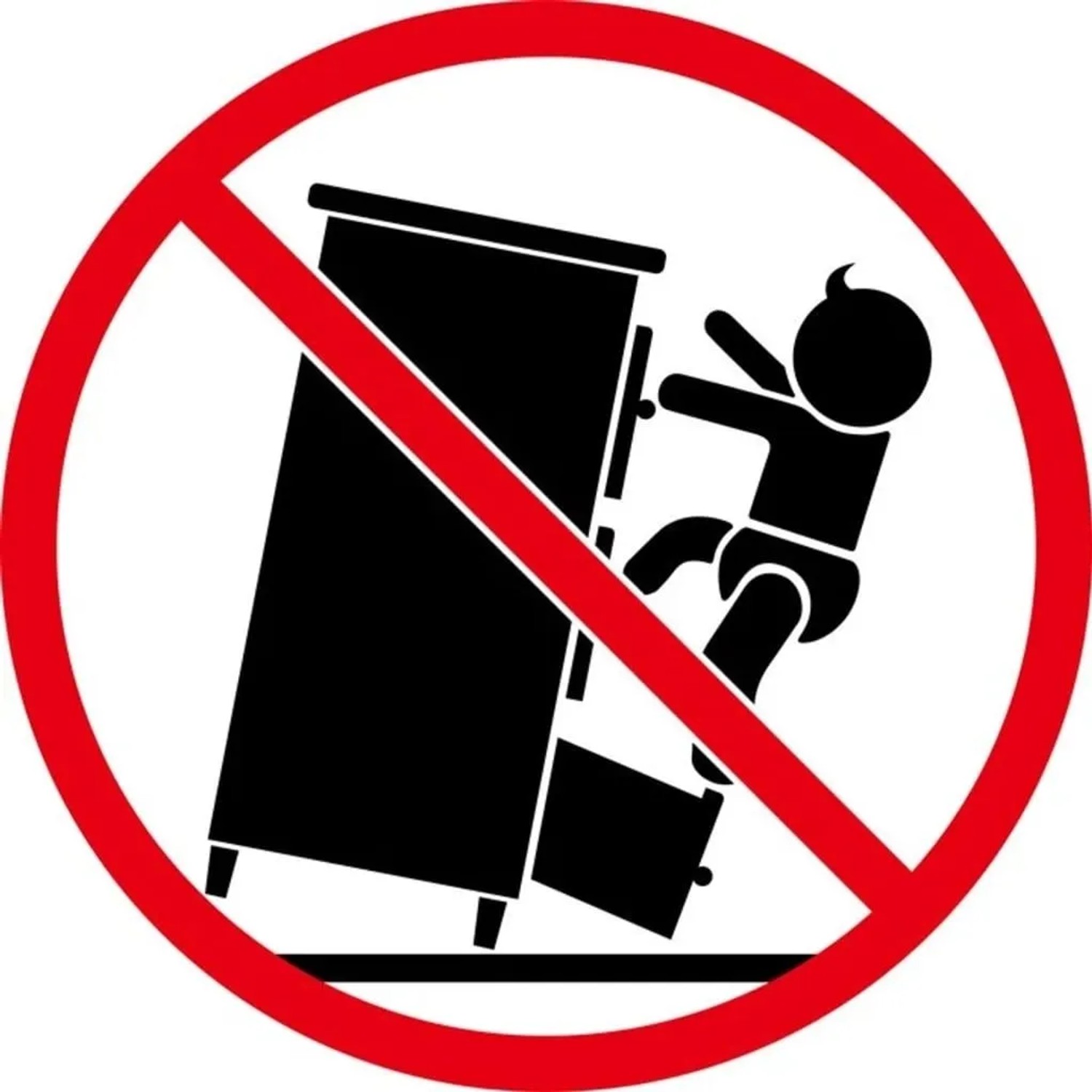 Verbotsschild: Kind zieht an Schrank, Möbel kippt um. Kippgefahr vermeiden, Möbel sichern.