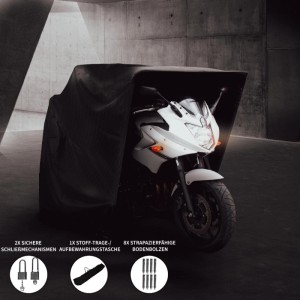 Motorrad unter Monstershop Garagenzelt XXL mit schwarzer Plane und Stahlrahmen.