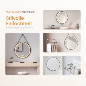 Emke Badspiegel 60cm mit LED-Beleuchtung, dimmbar und 3 Farbtemperaturen, verschiedene Anwendungsszenarien.