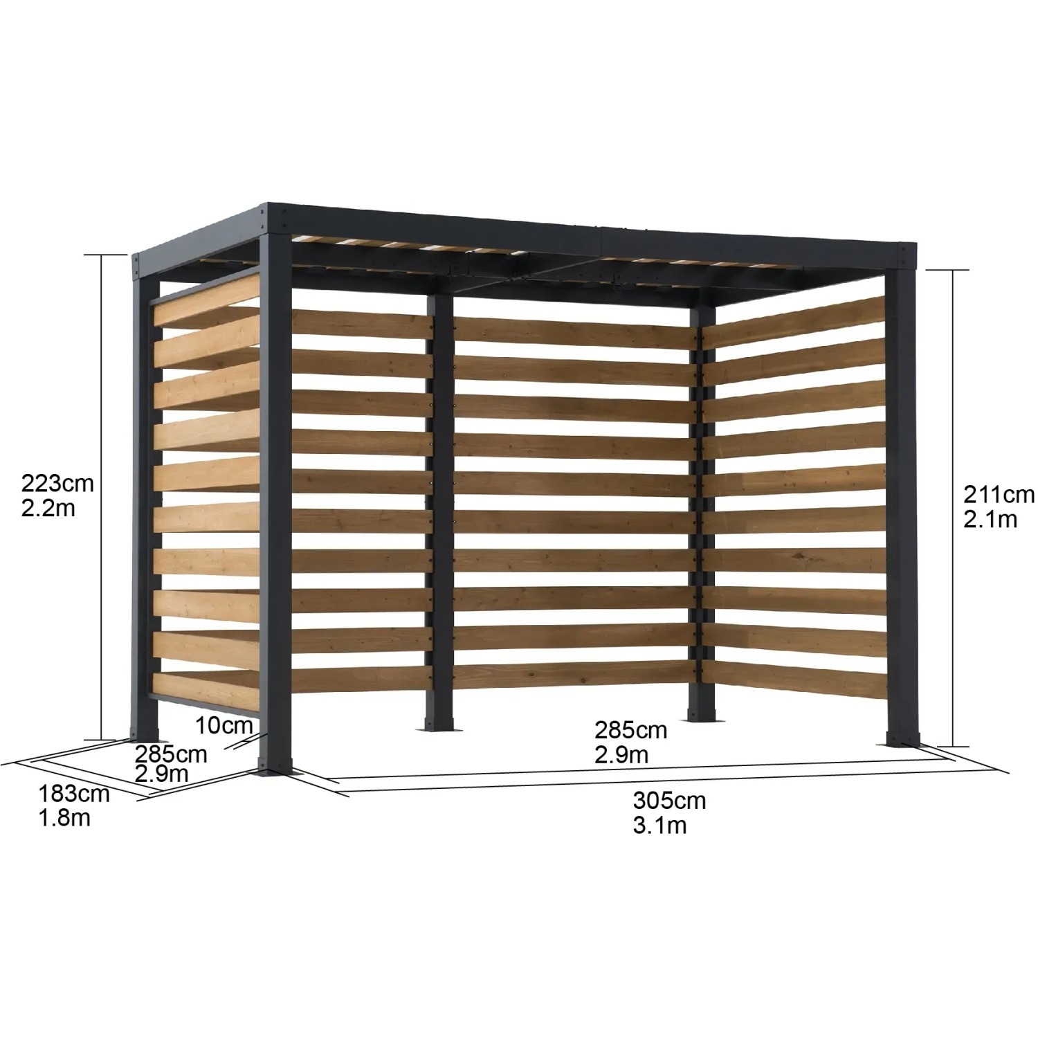 Sunjoy Pergola Marao aus Stahl, 313x191 cm, schwarz, mit Holzlamellen als Sichtschutz.