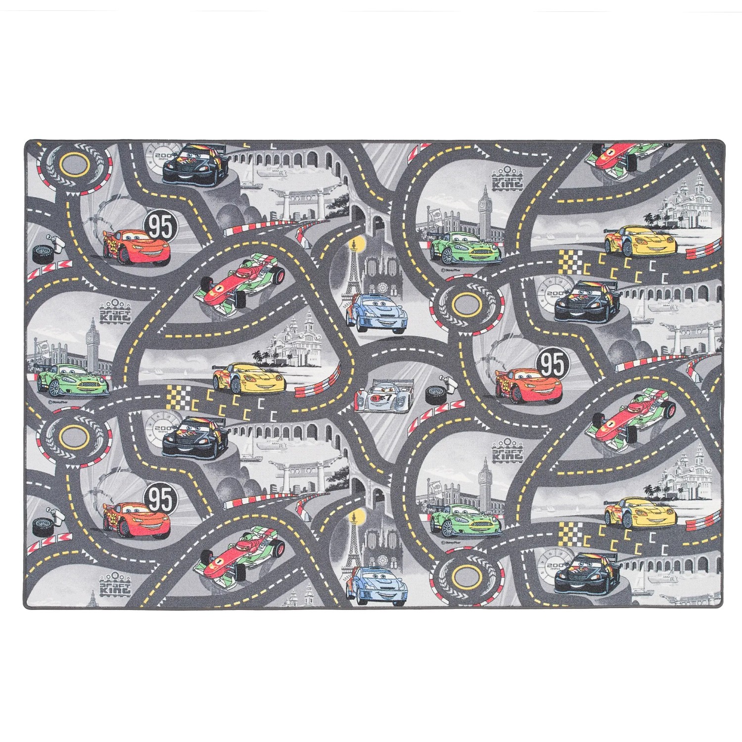 Grauer Kinderteppich mit Disney Cars Motiv, 100x100 cm, ideal zum Spielen.